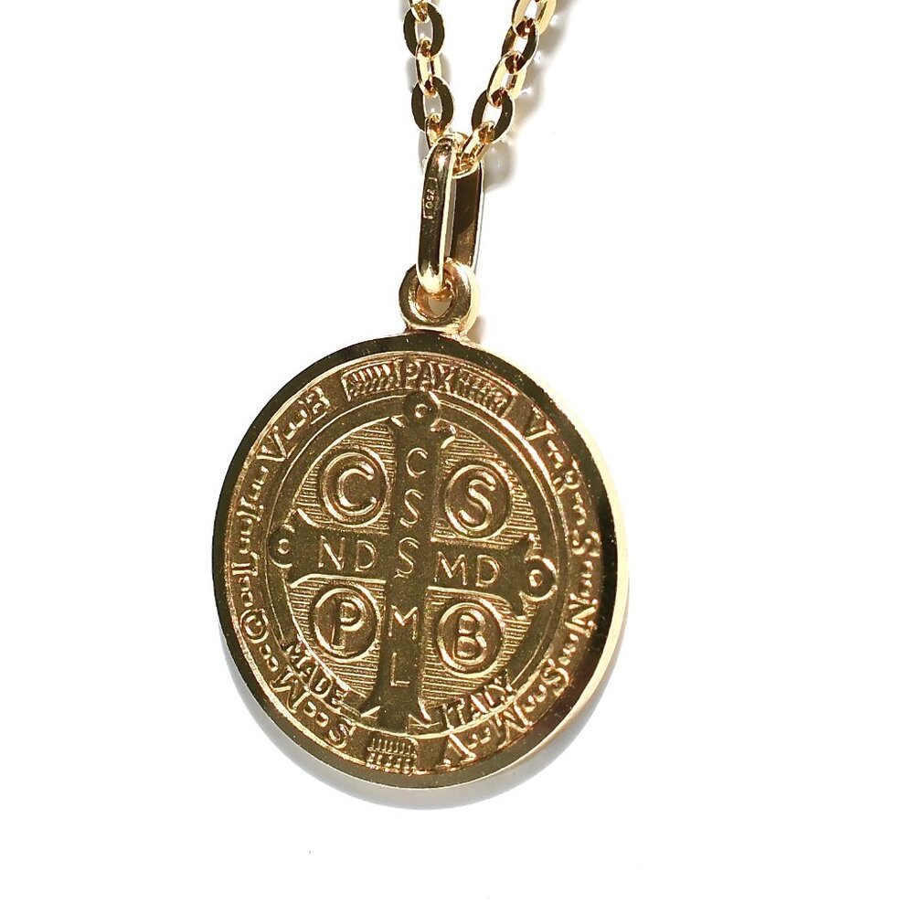 SOLID 14K YELLOW GOLD ST SAINT BENEDICT 17 MM MEDAL WITH CROSS, MADE IN ITALY - Picture 4 of 7